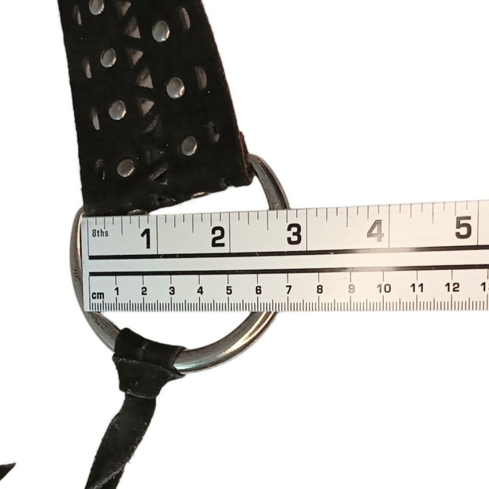 SOLD - Black Leather Belt Cutouts Silver Studs Large Silver Rings Tassles Italy - Picture 10 of 10